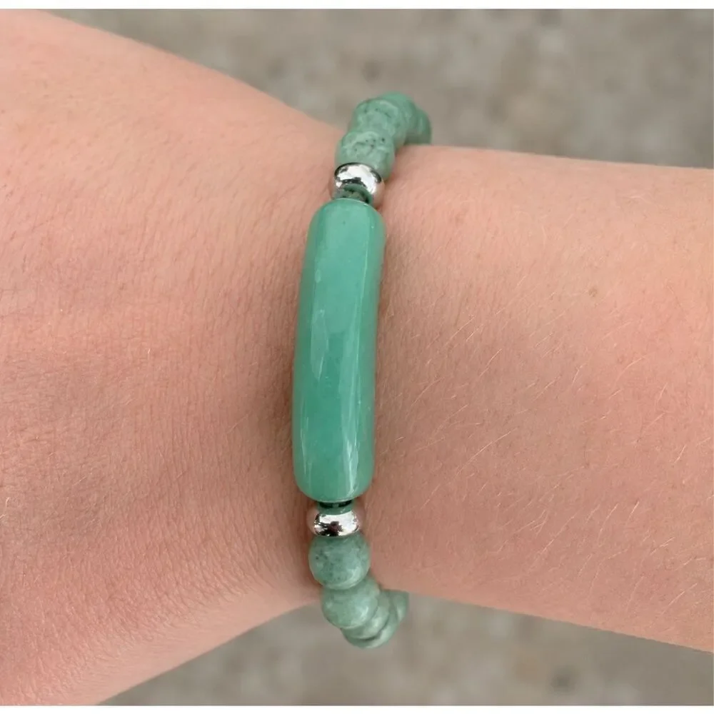 Men’s Green Beaded Stretch Bracelet, Faux Aventurine